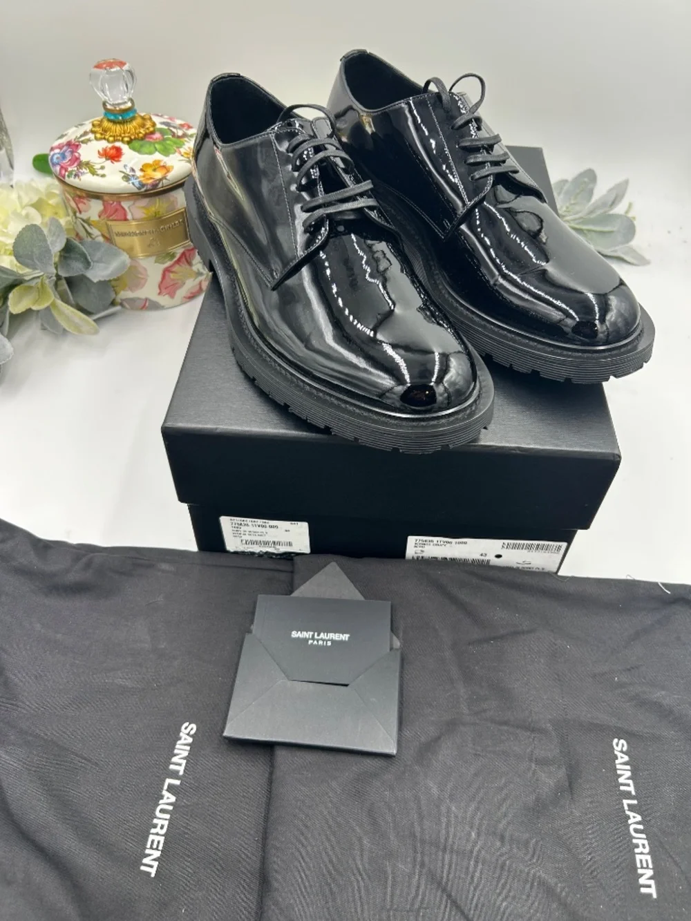 Men’s St. Laurent Black Patent Leather Derby Lace-Ups.  Size 43/10 US.